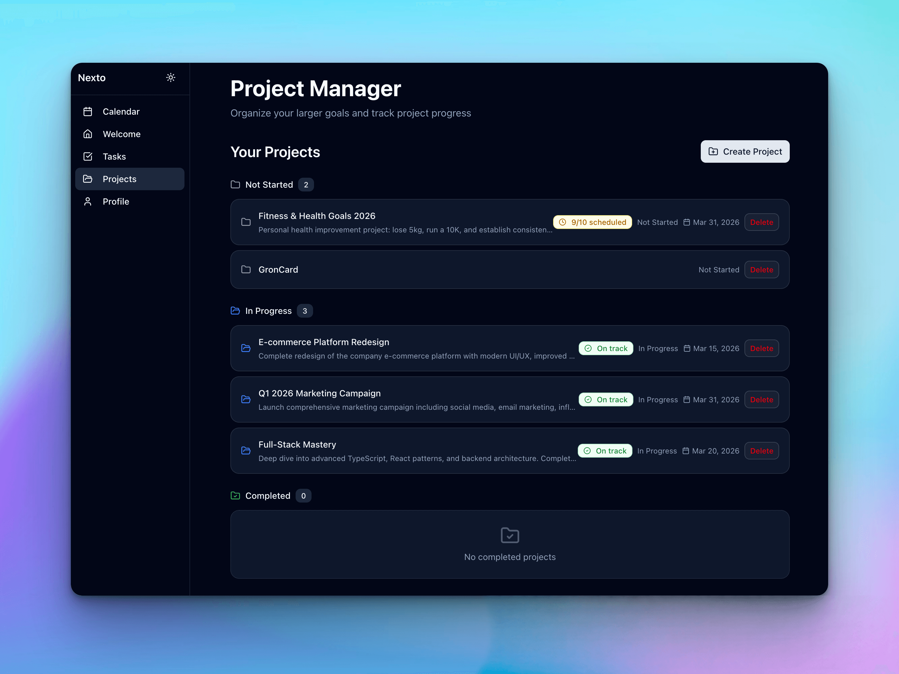 Nexto Project View - Project details and linked tasks
